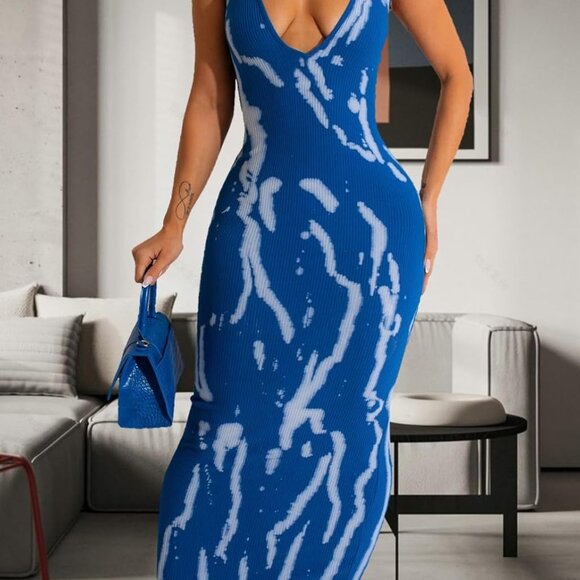 Women's Blue Sleeveless Bodycon Dress Maxi Halter Party Club Casual - Picture 2 of 6